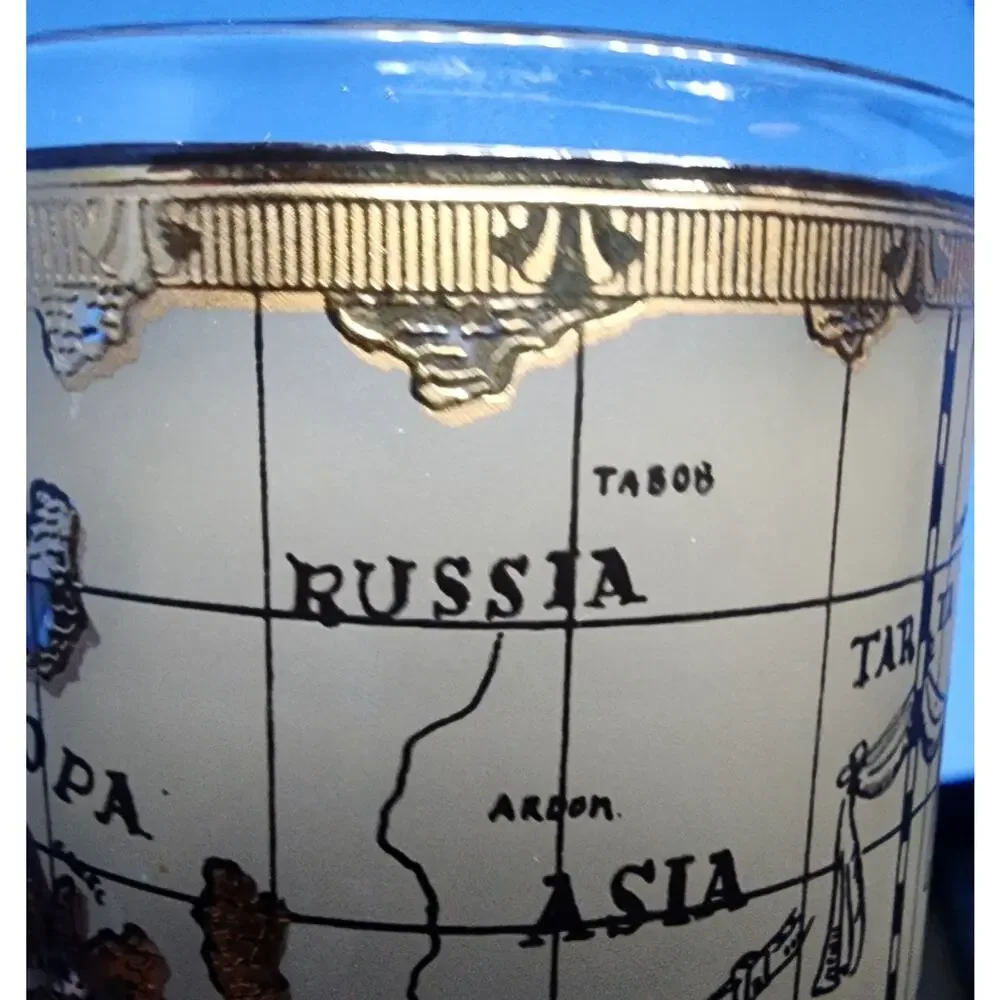 Vintage Cera Atlas Old World Map Highball Glasses 22K Gold Mid Century Modern